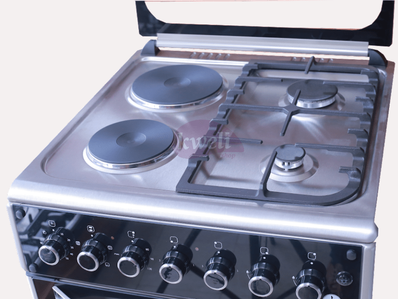IQRA 60cm Cooker IQ-FC6221-SS; 2 Gas Burners + 2 Electric Plates, Electric Oven and Grill, Timer, Cast Iron Pan Support - IQRA 60cm Cooker IQ-FC6221-SS; 2 Gas Burners + 2 Electric Plates, Electric Oven and Grill, Timer, Cast Iron Pan Support