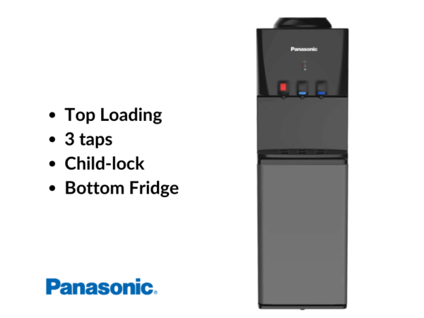 Panasonic Water Dispenser, Top Loading SDMWD3320; 3-Taps with Child Lock, Black/Silver