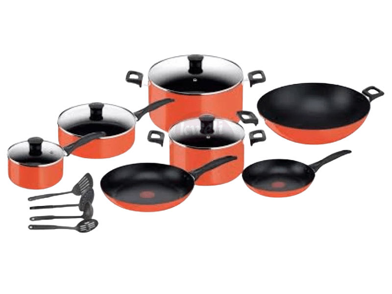 Tefal 15 Pcs Cookware Set Simply Chef - B092SE85; Non Stick, Aluminium Body, Glass Lids, Orange Black - Tefal 15 Pcs Cookware Set Simply Chef - B092SE85