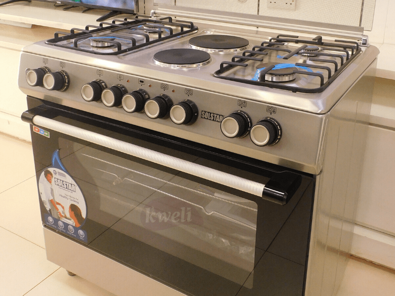 Solstar 90x60cm Cooker SO942DEINBSS; 4 Gas Burners, 2 Electric Plates, Electric Oven, Grill, Rotisserie, Silver - Solstar 90x60cm Cooker SO942DEINBSS