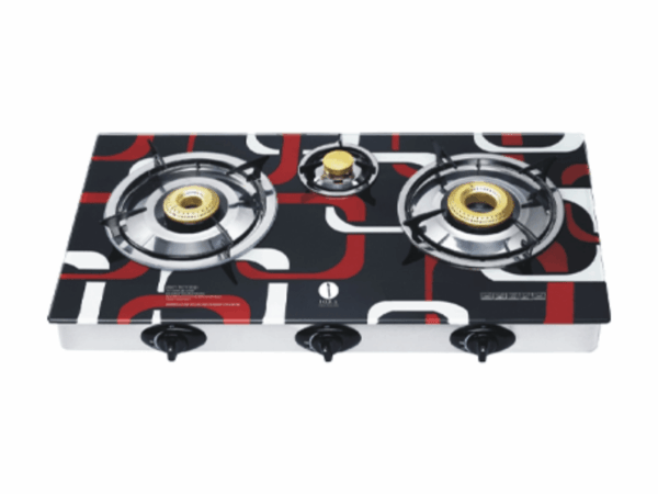IQRA 3-Burner Gas Stove IQ-GS3BG; Glass Top, Brass Burners, Auto Ignition with Piezo, Enamel Pan Support