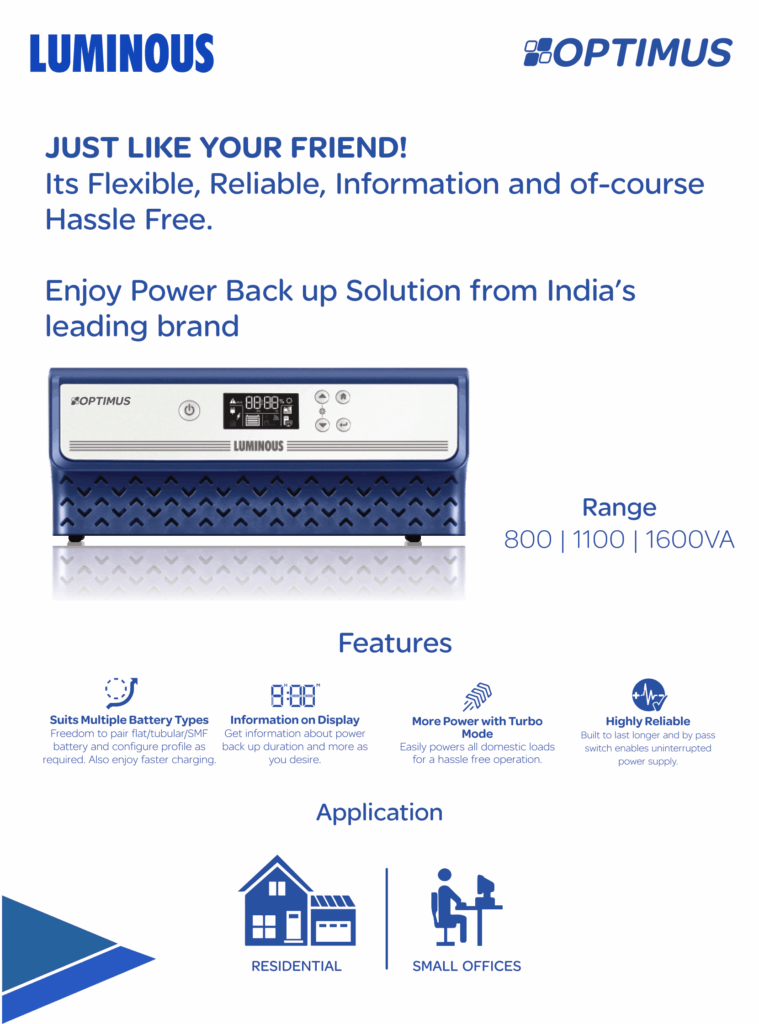 Luminous Optimus 1600VA 24V Solar Inverter; Digital Display, Low Battery Protection - Luminous Optimus 1600VA 24V Solar Inverter; Digital Display, Low Battery Protection - Image 3