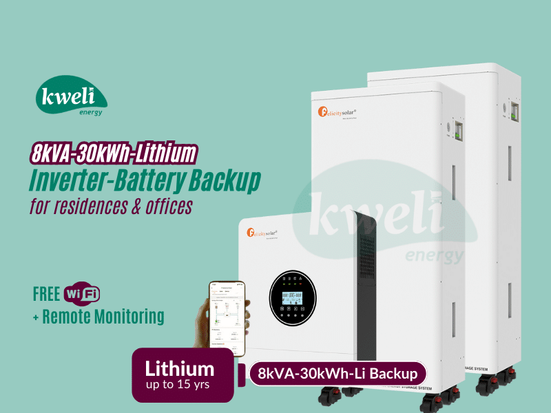 Kweli Energy 8kVA-30kWh Lithium Battery-Inverter Backup System; Automatic Switchover, FREE Remote Monitoring via WiFi, Charge with Grid/UEDCL, Generator or Solar - Kweli Energy 8kVA-30kWh Lithium Battery-Inverter Backup System; Automatic Switchover, FREE Remote Monitoring via WiFi, Charge with Grid/UEDCL, Generator or Solar