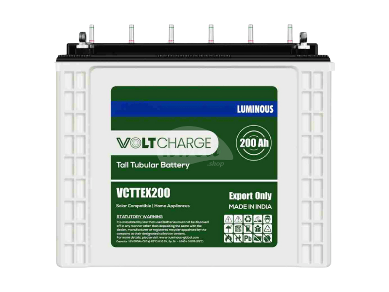 Luminous 200AH 12V Voltcharge Tubular Battery VCTTEX200; Low Maintenance, 2.4kWh , Made in India - Luminous 200AH 12V Voltcharge Tubular Battery VCTTEX200; Low Maintenance, 2.4kWh , Made in India