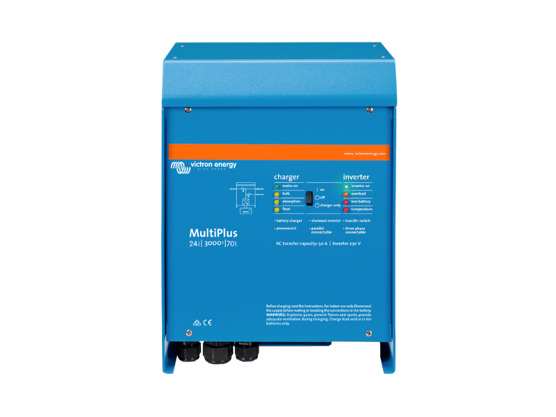 Victron MultiPlus 3kVA/2.4kW 24V Inverter Charger 24/3000/70-50 230; 2.4kW Continuous Load, Pure Sine Wave, 70A Battery Charger, 50A Transfer Switch - Victron 3kVA/2.4kW 24V MultiPlus Inverter Charger 24/3000/70-50 230