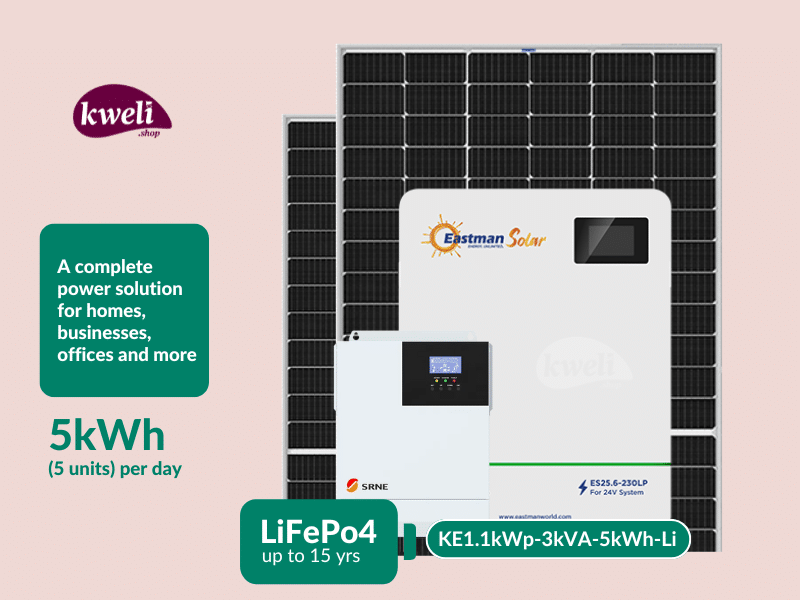 Kweli Energy 1.1kWp3kVA5kWh-Lithium Hybrid Solar System with WiFi Remote Monitoring; Complete Solar System for home or office - Kweli Energy 1.1kWp3kVA5kWh-Lithium Hybrid Solar System with WiFi Remote Monitoring; Complete Solar System for home or office