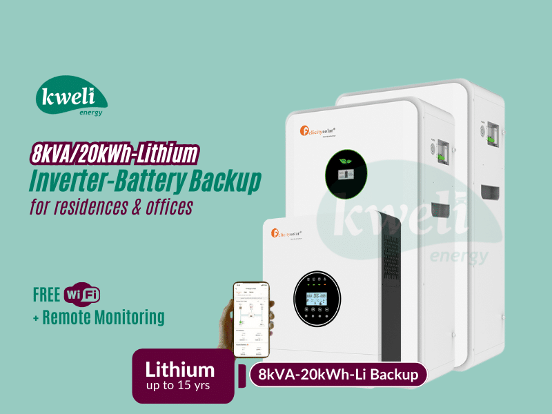 Kweli Energy 8kVA-20kWh Lithium Battery-Inverter Backup System; Automatic Switchover, FREE WiFi plus Remote Monitoring, Charge with Grid/UEDCL, Generator or Solar - Kweli Energy 8kVA-20kWh Lithium Battery-Inverter Backup System; Automatic Switchover, FREE WiFi plus Remote Monitoring, Charge with Grid/UEDCL, Generator or Solar