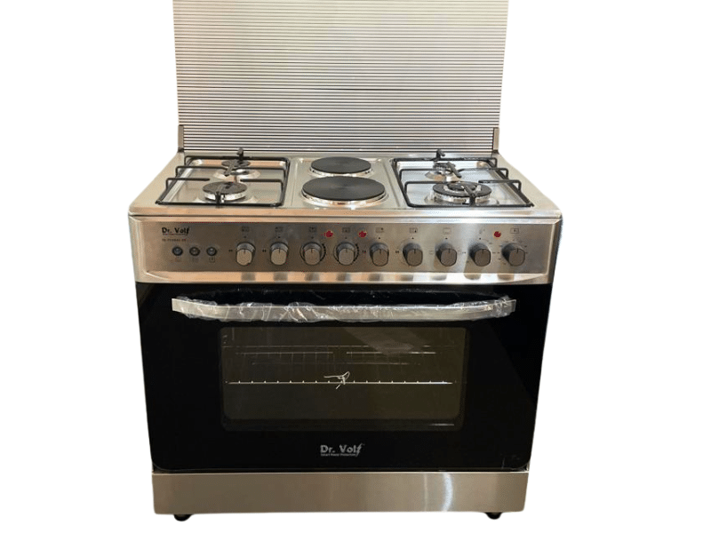 DR VOLT 90cm Gas & Electric Cooker IQ-FC9942SS; 4 Gas + 2 Hot Plates, Pulse Ignition, Enamelled Pan Support, 90L Oven with Lamp, Rotisserie & Timer Function - DR VOLT 90cm Gas & Electric Cooker IQ-FC9942SS; 4 Gas + 2 Hot Plates, Pulse Ignition, Enamelled Pan Support, 90L Oven with Lamp, Rotisserie & Timer Function