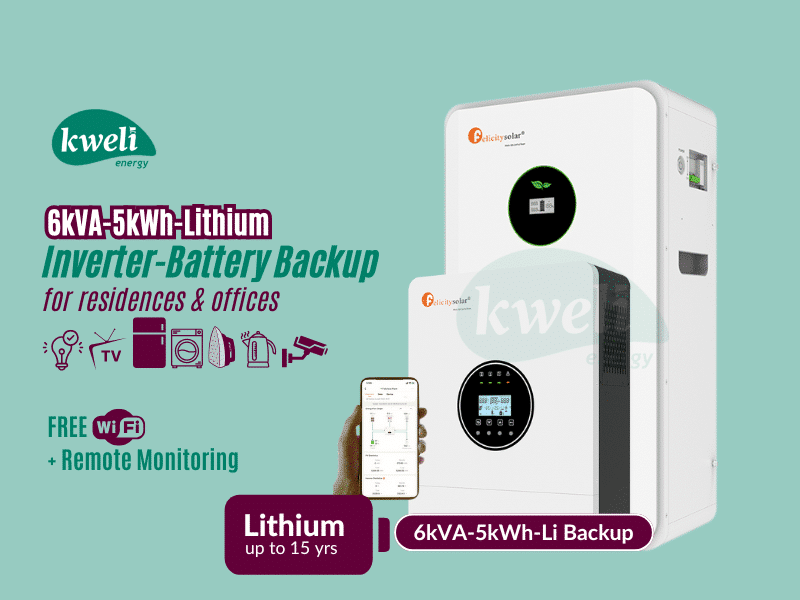 Kweli Energy 6kVA-5kWh Lithium Battery-Inverter Backup System; Automatic Switchover, FREE WiFi plus Remote Monitoring, Charge with Grid/UEDCL, Generator or Solar - Kweli Energy 6kVA-5kWh Lithium Battery-Inverter Backup System